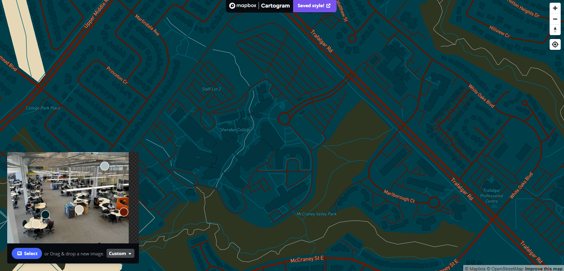 A second attempt at styling the map of sheridan campus using the learning commons image.