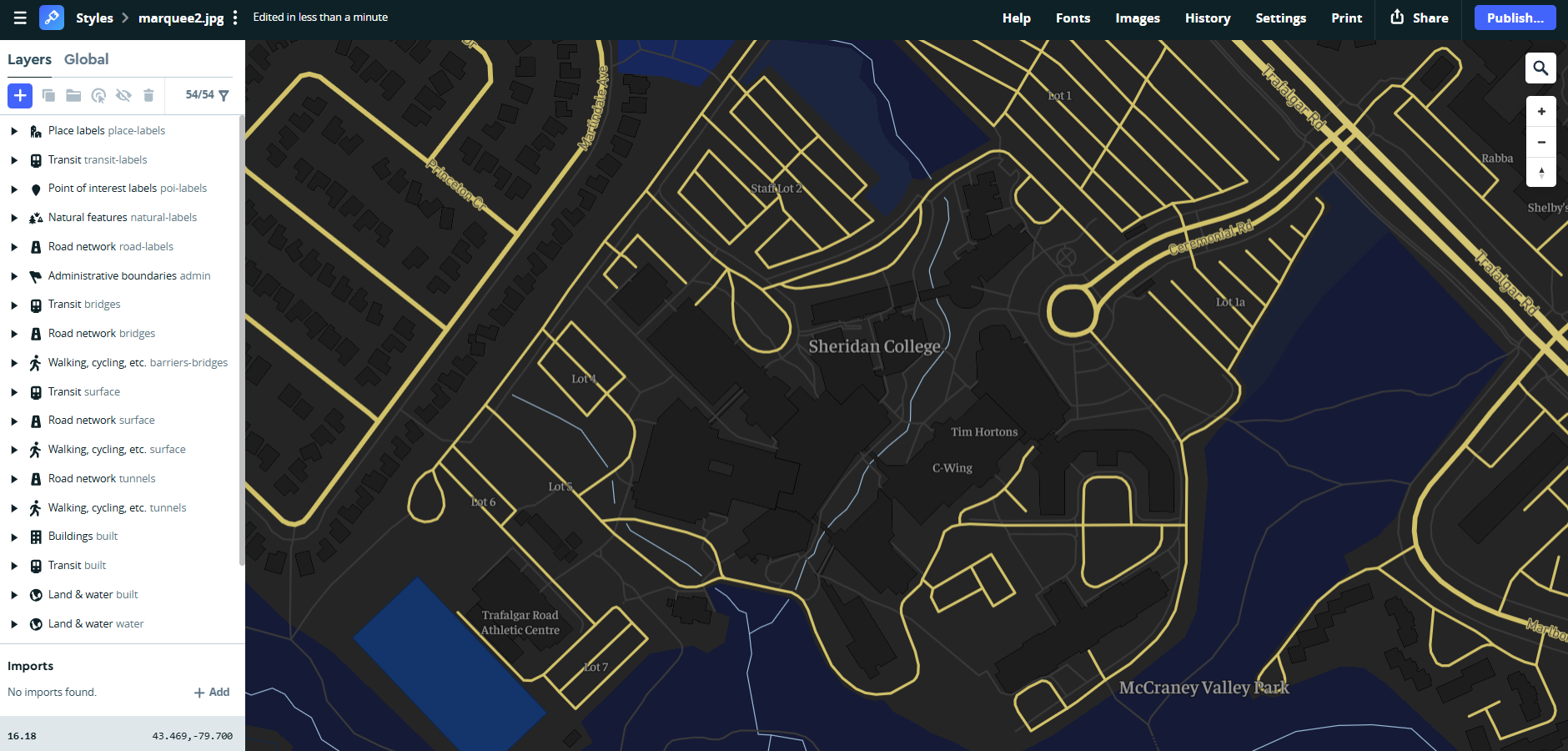 I continued playing around with the colours from the marquee image since there was a lot of play with. I liked how this turned out because of how the roads stand out against the dark blue/brown scenery.
