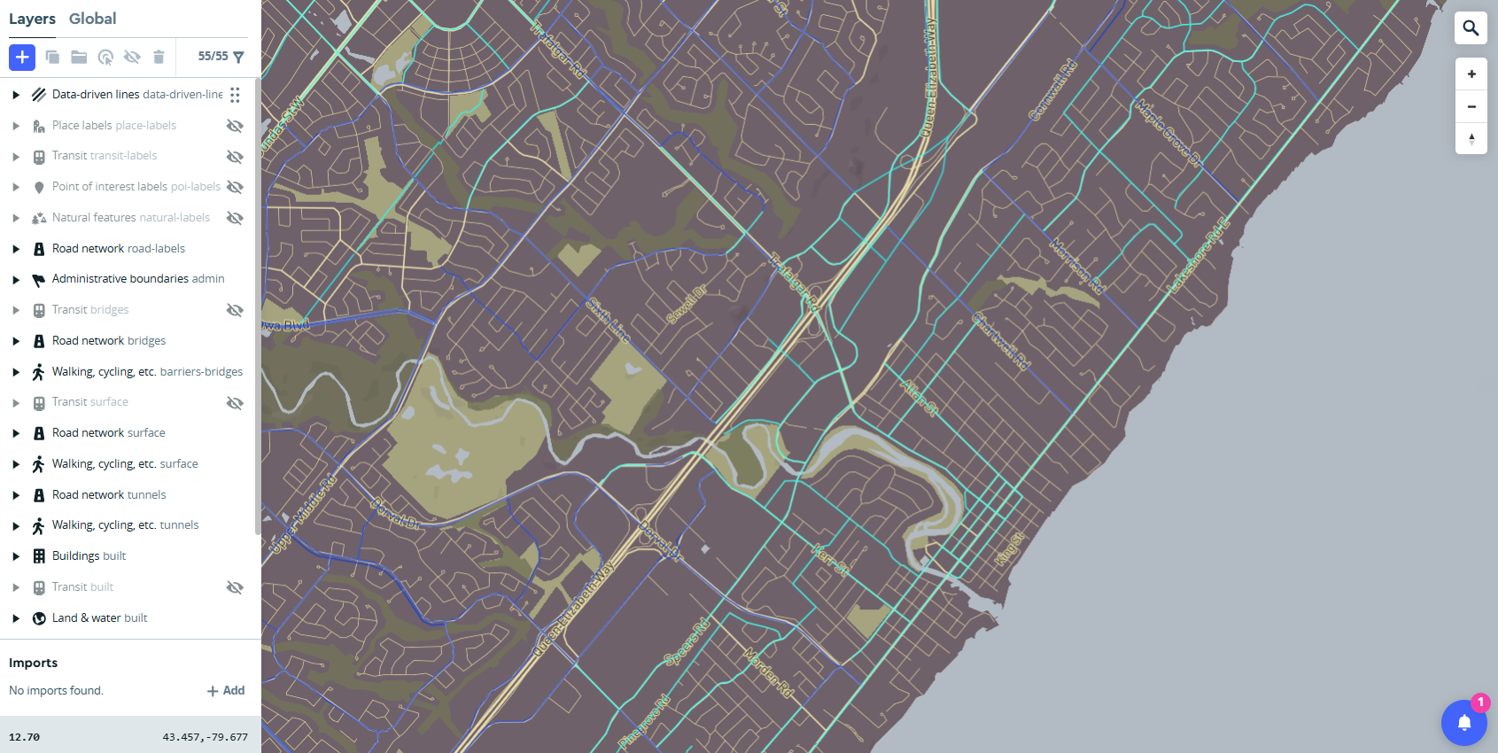 This is what the map looked like initially for mapping out the bike routes. It's hard to see the data being visualized, so I changed the colour. The second image is a more clear visual of the data.