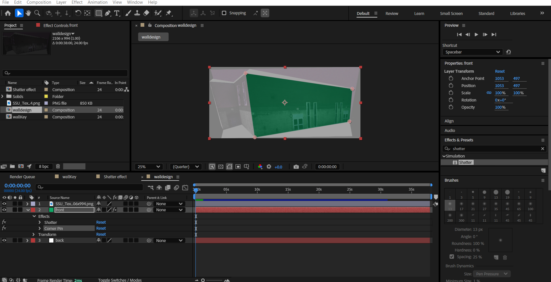 While following the fourth tutorial, I began adding the shatter effect onto the walls. This will be added to the SSU building afterwards.