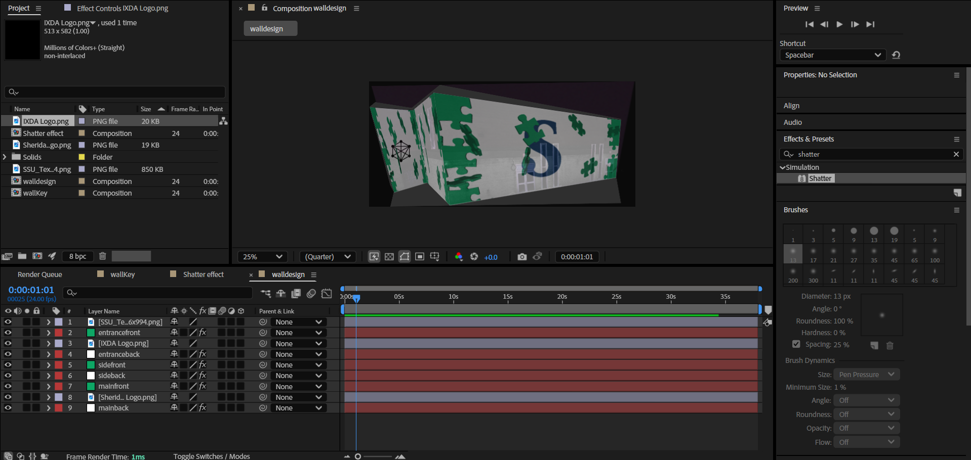 Reaching the end of the fourth tutorial, I was able to successfully add a shatter effect animation onto the SSU building. Unlike the tutorial, I chose a slightly different colour and used puzzel pieces as the shatter effect. <div class='container'><iframe class='responsive-iframe' src='images/Activity2/projection.mp4'></iframe></div>