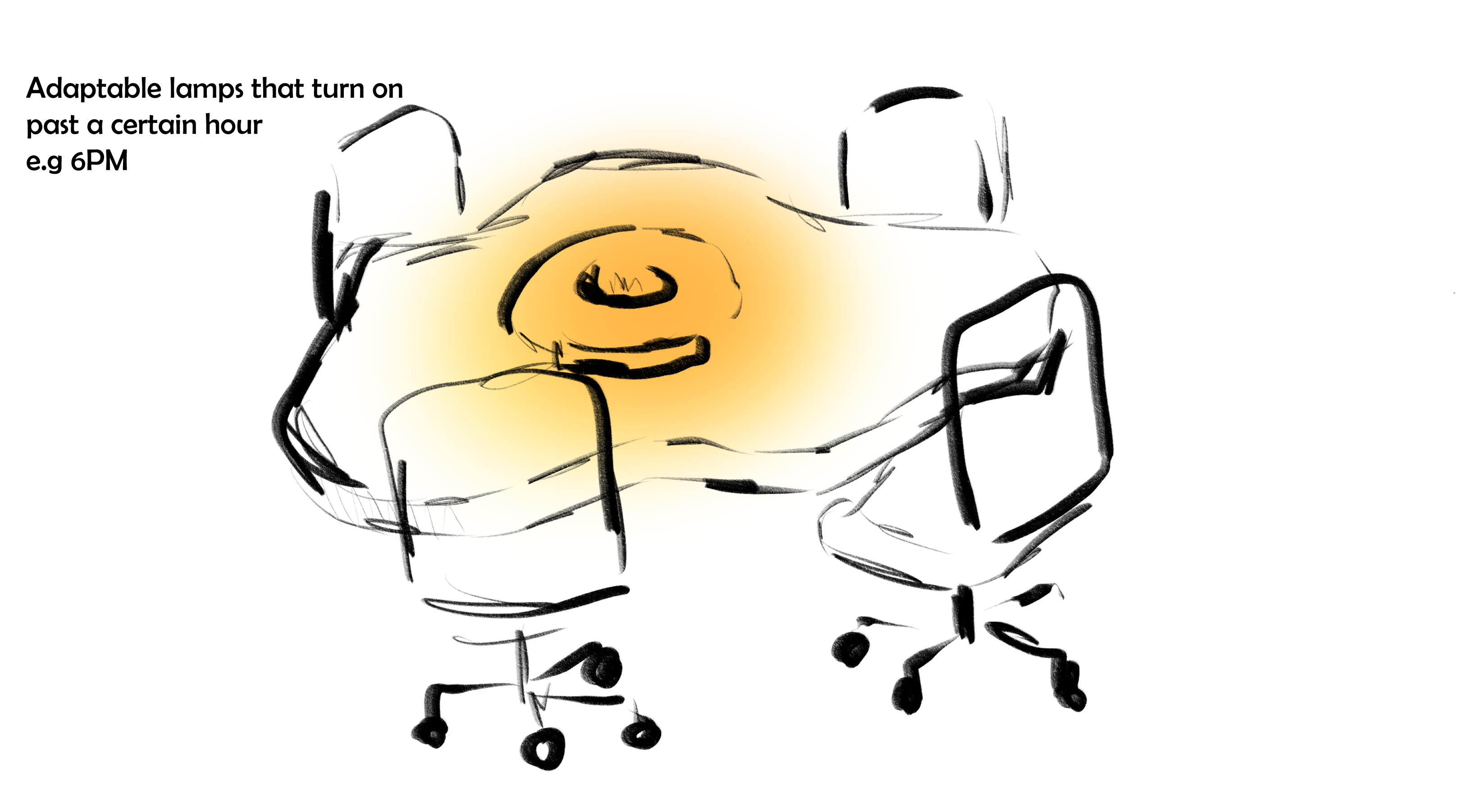 The second idea illustrates colour changing lights installed at the center of the tables. This way the light is closer to the student to properly light up their area. Depending on the time of day, it will change colours.