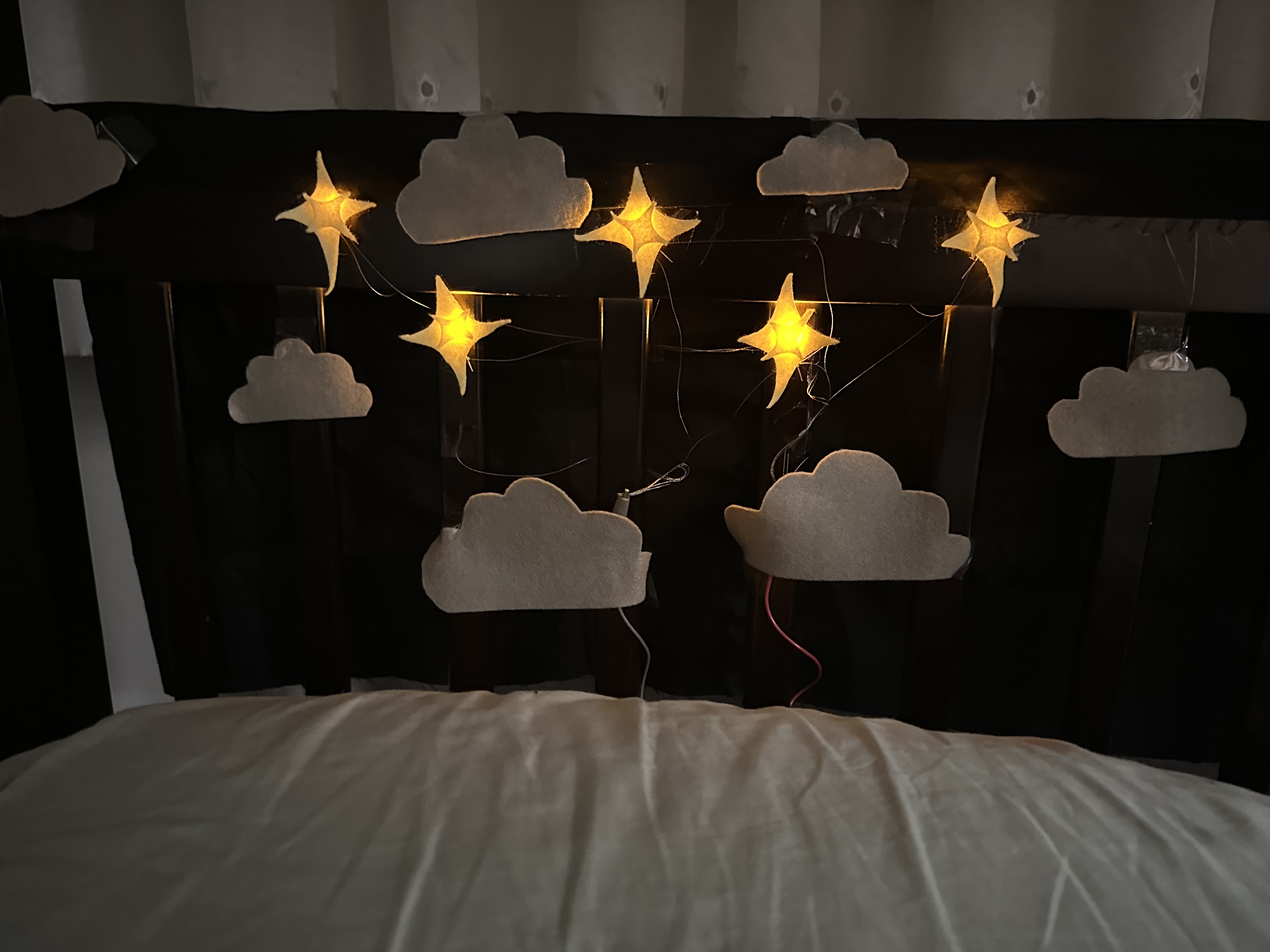 Front view of the night lights on. The felt shapes are cut and composed to resemble a night sky.